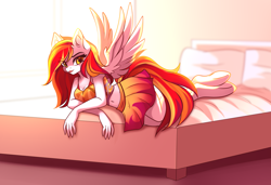 Size: 2712x1853 | Tagged: safe, artist:airiniblock, artist:imbrina, derpibooru import, oc, oc only, oc:diamond sun, pegasus, pony, collaboration, adorasexy, bed, clothes, commission, cute, female, mare, pegasus oc, rcf community, sexy, wings, ych result