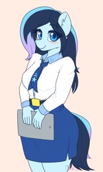 Size: 765x1275 | Tagged: safe, artist:puetsua, derpibooru import, oc, oc only, oc:stardust stellar, anthro, unicorn, adorasexy, anthro oc, blushing, breasts, clothes, cute, ear fluff, female, holding, looking at you, mare, necktie, pink background, sexy, shirt, simple background, skirt, smiling, solo
