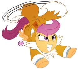 Size: 1000x904 | Tagged: safe, artist:nanook123, derpibooru import, scootaloo, pegasus, pony, clothes, cosplay, costume, crossover, cute, cutealoo, female, filly, flying, grin, kigurumi, miles "tails" prower, motion lines, scootaloo can fly, simple background, smiling, solo, sonic the hedgehog (series), white background