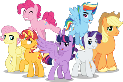 Size: 5000x3321 | Tagged: safe, artist:orin331, derpibooru import, applejack, applejack (male), bubble berry, butterscotch, dusk shine, elusive, fluttershy, pinkie pie, rainbow blitz, rainbow dash, rarity, sunset glare, sunset shimmer, twilight sparkle, twilight sparkle (alicorn), alicorn, earth pony, pegasus, pony, unicorn, applejack's hat, bedroom eyes, cowboy hat, eyes closed, flying, freckles, grin, hat, male, male seven, male six, mane six, open mouth, raised hoof, raised leg, rule 63, simple background, smiling, stallion, transparent background, unshorn fetlocks