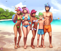 Size: 2560x2157 | Tagged: safe, artist:sugarlesspaints, fluttershy, rainbow dash, scootaloo, shining armor, spike, beach, bikini, board shorts, explicit source, horned humanization, humanized, looking at you, ocean, sunglasses, swimsuit, winged humanization