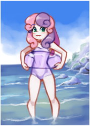 Size: 1540x2160 | Tagged: safe, artist:drantyno, sweetie belle, beach, blushing, humanized, inner tube, looking at you, ocean, one-piece swimsuit, solo, swimsuit