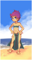 Size: 1160x2150 | Tagged: safe, artist:drantyno, scootaloo, equestria girls, beach, belly dancer, belly dancer outfit, jewelry, looking at you, ocean, solo