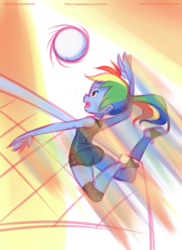 Size: 1152x1584 | Tagged: safe, artist:drantyno, rainbow dash, equestria girls, ball, clothes, jumping, solo, volleyball