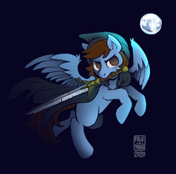 Size: 1920x1900 | Tagged: safe, artist:folieatrois, derpibooru import, oc, oc only, oc:pegasusgamer, pegasus, angry, cloak, clothes, flying, glow, moon, simple background, sword, weapon, wings