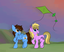 Size: 3000x2421 | Tagged: safe, artist:arumelux, artist:cottonsweets, derpibooru import, oc, oc only, oc:amber bright, oc:pegasusgamer, earth pony, pegasus, field, kite, looking up, outdoors, simple background, sky, walking