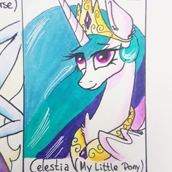 Size: 1080x1080 | Tagged: safe, alternate version, artist:galaxy.in.mind, derpibooru import, princess celestia, alicorn, pony, bust, cropped, female, jewelry, mare, offscreen character, peytral, smiling, tiara, traditional art