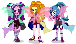 Size: 1539x900 | Tagged: safe, artist:starflashing twinkle, derpibooru import, adagio dazzle, aria blaze, sonata dusk, equestria girls, disguise, disguised siren, fin wings, fish tail, headset, looking at you, monocle, simple background, the dazzlings, white background, wings