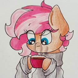 Size: 1080x1080 | Tagged: safe, artist:galaxy.in.mind, derpibooru import, oc, oc only, earth pony, pony, bust, chocolate, clothes, earth pony oc, eyelashes, female, food, hoof hold, hot chocolate, mug, solo, traditional art