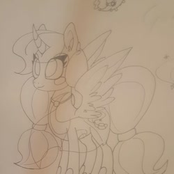 Size: 648x648 | Tagged: safe, artist:katkatdesign, derpibooru import, oc, alicorn, pony, alicorn oc, female, hoof shoes, horn, lineart, mare, smiling, solo, traditional art, wings