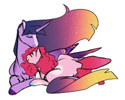 Size: 1280x1022 | Tagged: safe, artist:minsona, derpibooru import, pinkie pie, twilight sparkle, twilight sparkle (alicorn), alicorn, earth pony, pony, blaze (coat marking), colored hooves, cuddling, ethereal mane, eyes closed, female, gradient mane, lesbian, lying down, mare, prone, shipping, simple background, starry mane, transparent background, twinkie, ultimate twilight