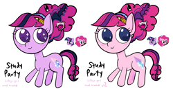 Size: 2071x1080 | Tagged: safe, artist:cailene, derpibooru import, pinkie pie, twilight sparkle, oc, oc:study party, earth pony, pony, female, lesbian, magical lesbian spawn, next generation, offspring, parent:pinkie pie, parent:twilight sparkle, parents:twinkie, pencil behind ear, shipping, simple background, solo, twinkie, white background