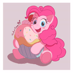 Size: 2048x2048 | Tagged: safe, artist:takatmadisney, derpibooru import, pinkie pie, earth pony, pony, cupcake, digital art, female, food, happy, looking at you, mare, open mouth, simple background, solo, tail