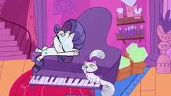 Size: 1920x1080 | Tagged: safe, derpibooru import, screencap, opalescence, rarity, cat, pony, unicorn, my little pony: pony life, spoiler:my little pony: pony life, eyes closed, female, lying down, mare, musical instrument, on back, piano