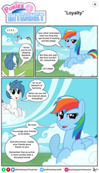 Size: 1846x3200 | Tagged: safe, artist:whitequartztheartist, derpibooru import, rainbow dash, oc, oc:white quartz, pegasus, pony, comic:ponies of internet, cloud, lying down, male, prone, stallion