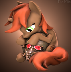 Size: 2183x2202 | Tagged: safe, artist:fic-flix, derpibooru import, oc, oc:tarnish star, unicorn, fallout equestria, 3d, brown coat, brown hair, fallout, female, fluffy, green eyes, helmet, hug, ncr, ncr ranger, photoshop, solo, source filmmaker