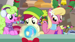 Size: 1280x720 | Tagged: safe, derpibooru import, screencap, daisy, flower wishes, lily, lily valley, roseluck, earth pony, pony, best gift ever, bow, clothes, decoration, earmuffs, female, flower trio, gift wrap, hat, mare, present, scarf, stocking cap, trio, vendor, vendor stall, wreath