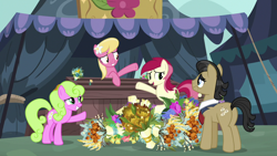 Size: 1280x720 | Tagged: safe, derpibooru import, screencap, daisy, filthy rich, flower wishes, lily, lily valley, roseluck, it isn't the mane thing about you, flower, flower trio