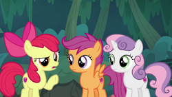 Size: 1920x1080 | Tagged: safe, derpibooru import, screencap, apple bloom, scootaloo, sweetie belle, the big mac question, cutie mark crusaders