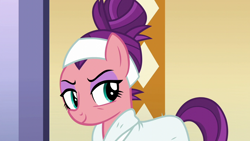 Size: 1280x720 | Tagged: safe, derpibooru import, screencap, spoiled rich, applejack's "day" off, bathrobe, clothes, gloating, robe, smiling, smirk, snobby, solo, spa