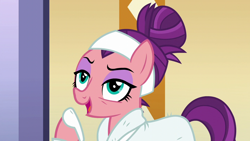 Size: 1280x720 | Tagged: safe, derpibooru import, screencap, spoiled rich, applejack's "day" off, bathrobe, clothes, gloating, robe, slippers, snobby, solo, spa