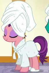 Size: 754x1125 | Tagged: safe, derpibooru import, screencap, spoiled rich, applejack's "day" off, bathrobe, clothes, cropped, eyes closed, robe, slippers, solo, spa, towel on head