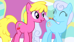 Size: 1968x1125 | Tagged: safe, derpibooru import, screencap, cherry berry, linky, shoeshine, earth pony, pony, simple ways, duo, eyes closed, female, mare, walking