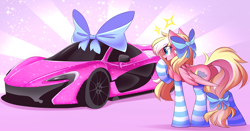 Size: 5434x2849 | Tagged: safe, artist:airiniblock, derpibooru import, oc, oc only, oc:bay breeze, pegasus, pony, bow, car, clothes, commission, cute, female, hair bow, mare, mclaren, mclaren p1, rcf community, socks, solo, striped socks