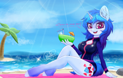 Size: 2356x1496 | Tagged: safe, artist:gempainter32, derpibooru import, oc, oc only, oc:diamond nella, anthro, unguligrade anthro, unicorn, anthro oc, beach towel, beautiful, blue mane, blue tail, bow, breasts, cheek fluff, cleavage, clothes, cloud, coconut, cutie mark, diamond, drink, drinking straw, ear fluff, food, gradient mane, heart, holding, ibispaint x, lens flare, looking at you, magenta eyes, ocean, open mouth, palm tree, rock, sand, sexy, signature, sparkles, summer, sweat, swimsuit, talking to viewer, text, thighs, tree, umbrella drink, water, wet, wet hair