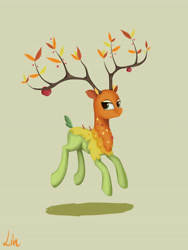 Size: 3543x4724 | Tagged: safe, artist:lin feng, derpibooru import, the great seedling, deer, going to seed, apple, food, hopping, jumping, shadow, simple background, solo