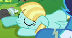 Size: 2000x1057 | Tagged: safe, derpibooru import, screencap, helia, soarin', thunderlane, pegasus, pony, clothes, cropped, eyes closed, female, lying down, male, mare, solo focus, stallion, uniform, wonderbolts uniform