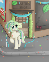 Size: 2000x2500 | Tagged: safe, artist:dreamy, artist:littledreamycat, derpibooru import, oc, oc:jasmine, earth pony, celebration, commission, food, opening, ribbon, shop, sidewalk, tea, tea shop