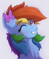 Size: 1715x2083 | Tagged: safe, artist:nighty, derpibooru import, rainbow dash, butterfly, pegasus, pony, blushing, bust, chest fluff, colored pupils, cute, dashabetes, ear fluff, female, fluffy, mane, mare, one eye closed, simple background, smiling, solo, transparent background, wings, wink