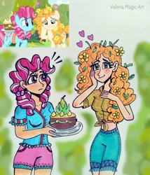 Size: 3120x3643 | Tagged: safe, artist:valeriamagicart, derpibooru import, screencap, cup cake, pear butter, human, secrets and pies, blushing, cake, chiffon swirl, clothes, cute, flower, flower in hair, food, front knot midriff, humanized, implied bright mac, messy mane, midriff, pear, pearabetes, pearasass, primal, scene interpretation, shorts