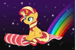 Size: 6634x4417 | Tagged: safe, artist:anime-equestria, derpibooru import, sunset shimmer, pony, unicorn, bacon, bacon hair, cute, female, flying, food, horn, mare, meat, rainbow, shimmerbetes, sitting, smiling, solo, space, stars