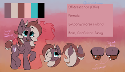 Size: 3500x2000 | Tagged: safe, artist:lux-arume, derpibooru import, oc, oc only, oc:efflorescence, bat pony, pony, asymmetry, bat wings, fangs, female, makeup, piercing, reference sheet, size comparison, solo, tail bun, tongue piercing, wings
