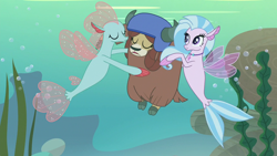 Size: 1280x720 | Tagged: safe, derpibooru import, screencap, ocellus, silverstream, yona, changedling, changeling, seapony (g4), yak, non-compete clause, disguise, disguised changeling, reeds, seaponified, seapony ocellus, seaweed, species swap, swimming, underwater