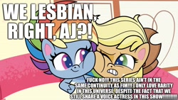 Size: 1920x1080 | Tagged: safe, derpibooru import, edit, edited screencap, screencap, applejack, rainbow dash, rarity, earth pony, pegasus, pony, unicorn, my little pony: pony life, appledash, ashleigh ball, caption, cheek squish, female, image macro, lesbian, rarijack, shipping, shipping denied, squishy cheeks, text, voice actor joke, vulgar