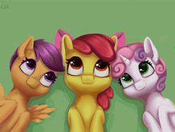 Size: 4724x3543 | Tagged: safe, artist:lin feng, derpibooru import, apple bloom, scootaloo, sweetie belle, earth pony, pegasus, unicorn, adorabloom, cute, cutealoo, cutie mark crusaders, diasweetes, looking up, lying, lying down, lying in grass, on back