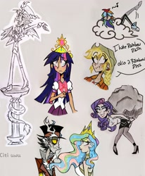 Size: 2510x3049 | Tagged: safe, artist:citi, derpibooru import, applejack, discord, princess celestia, rainbow dash, rarity, tom, twilight sparkle, human, the return of harmony, big crown thingy, bilingual, cloud, crown, crying, dialogue, discorded, element of magic, humanized, implied appledash, implied lesbian, implied shipping, jewelry, liarjack, regalia, scene interpretation, spanish