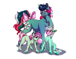 Size: 3000x2300 | Tagged: safe, artist:lupiarts, derpibooru import, fizzy, lyra heartstrings, minty bubblegum, unicorn, g1, bow, bubble, bubblegum, chest fluff, cute, female, filly, food, gum, headcanon, mother and child, mother and daughter, parent and child, siblings, simple background, sisters, tail bow, transparent background, unshorn fetlocks