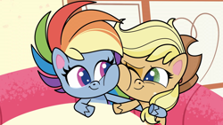 Size: 1920x1080 | Tagged: safe, derpibooru import, edit, screencap, applejack, rainbow dash, earth pony, pegasus, pony, my little pony: pony life, appledash, cheek to cheek, chubby cheeks, female, grin, hug, hugging a pony, lesbian, looking at each other, shipping, smiling