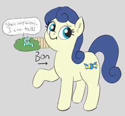 Size: 925x863 | Tagged: safe, artist:heretichesh, derpibooru import, bon bon, lyra heartstrings, sweetie drops, earth pony, pony, unicorn, bush, dialogue, fake pony, fence, suspicious, text