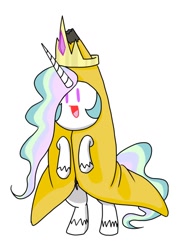 Size: 600x800 | Tagged: safe, artist:batipin, derpibooru import, princess celestia, alicorn, pony, banana, bananalestia, beady eyes, bipedal, clothes, costume, crown, cute, cutelestia, female, food, jewelry, mare, no nose, open mouth, regalia, simple background, solo, unshorn fetlocks, white background