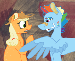 Size: 1280x1046 | Tagged: safe, artist:losemeh, derpibooru import, applejack, applejack (male), rainbow blitz, earth pony, pegasus, pony, abstract background, alternate design, amazed, appledash, appledash (straight), applejack's hat, broken teeth, cowboy hat, ear piercing, female, gap teeth, hairband, half r63 shipping, hat, looking at each other, male, mare, patch, piercing, plaster, ponytail, raised hoof, redesign, rule 63, scrunchie, shipping, shocked, smiling, spread wings, stallion, straight, surprised, torn ear, two toned wings, wings