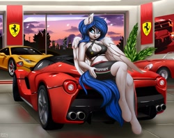 Size: 3500x2778 | Tagged: safe, artist:lightly-san, derpibooru import, oc, oc only, oc:graceful motion, anthro, pegasus, unguligrade anthro, anthro oc, car, clothes, ear fluff, female, ferrari, ferrari 458 italia, ferrari laferrari, looking at you, mare, pegasus oc, sitting, solo, wings