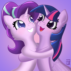 Size: 3500x3500 | Tagged: safe, artist:naen, derpibooru import, starlight glimmer, twilight sparkle, twilight sparkle (alicorn), alicorn, pony, unicorn, cute, hug, simple background