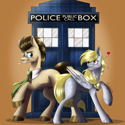 Size: 2000x2000 | Tagged: safe, artist:sugar0612, derpibooru import, derpy hooves, ditzy doo, doctor whooves, earth pony, pegasus, pony, blushing, couple, doctor who, doctorderpy, female, heart, male, mare, shipping, stallion, straight, tardis