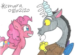 Size: 1069x761 | Tagged: safe, artist:cmara, derpibooru import, discord, pinkie pie, draconequus, earth pony, pony, excited, female, grin, male, mare, simple background, smiling, traditional art, white background