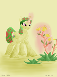 Size: 1800x2400 | Tagged: safe, artist:rockhoppr3, derpibooru import, oc, oc:succulent bloom, pony, unicorn, flower, headband, magic, magic aura, plant, solo, succulents, unshorn fetlocks